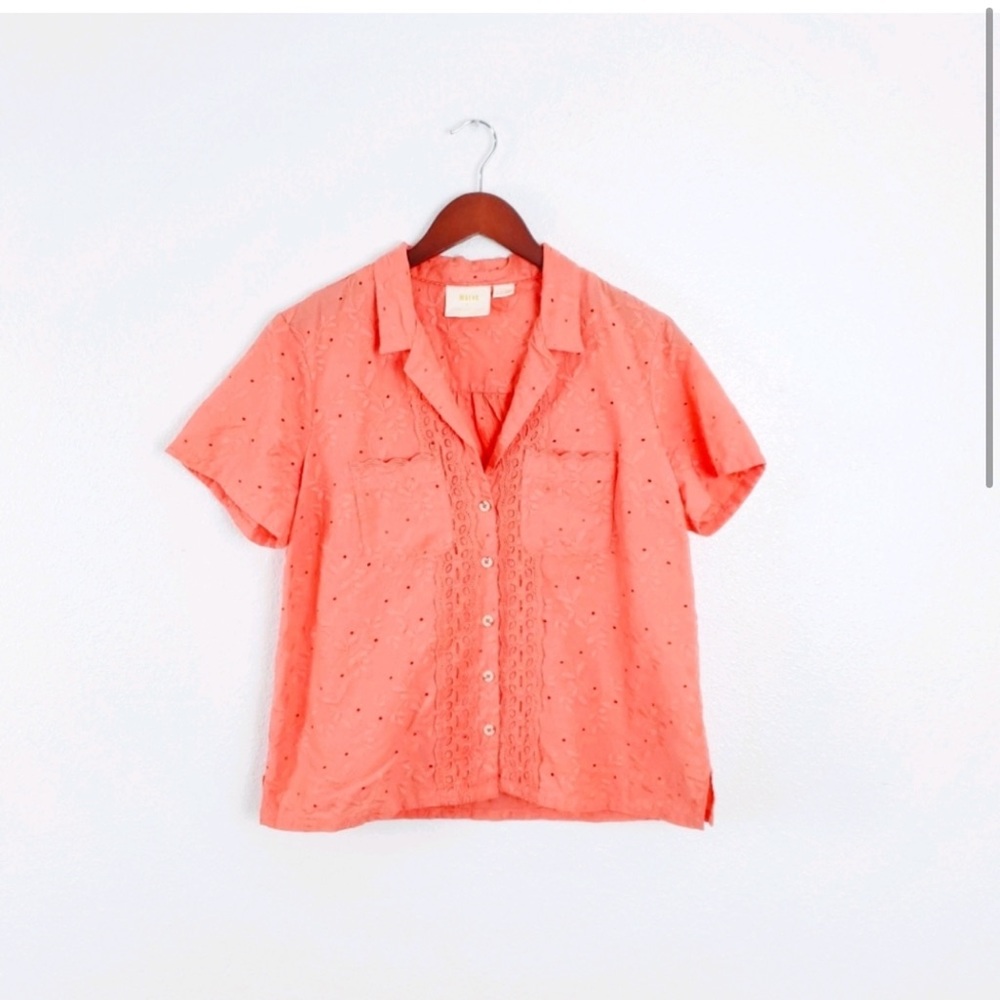 Anthropologie Maeve Guayabera salmon eyelet embroidered blouse
